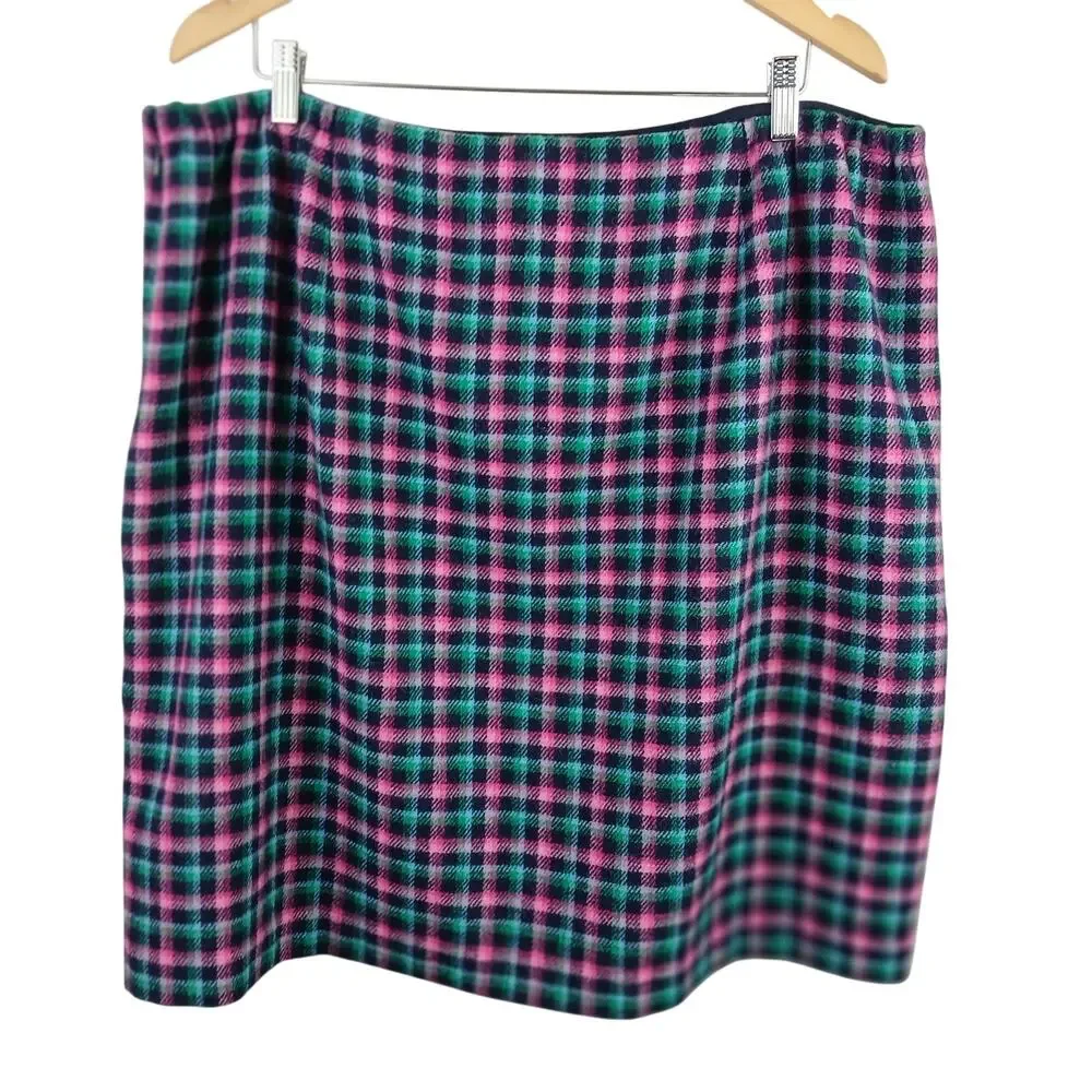 Talbots Plus SZ 18W Wool Blend Check Plaid Mini Skirt in Black-Pink-Aqua